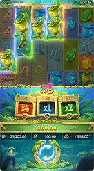 Mystical Spirits · Proses animasi pengumpulan simbol karakter hijau yang memperbarui kotak pengali di bawahnya.